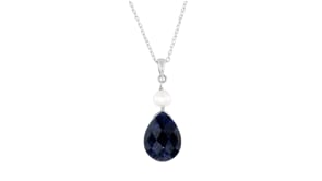 6-6.5mm Cultured Pearl and 10.00 Carat Pear-Shaped Sapphire Pendant Necklace in Sterling Silver