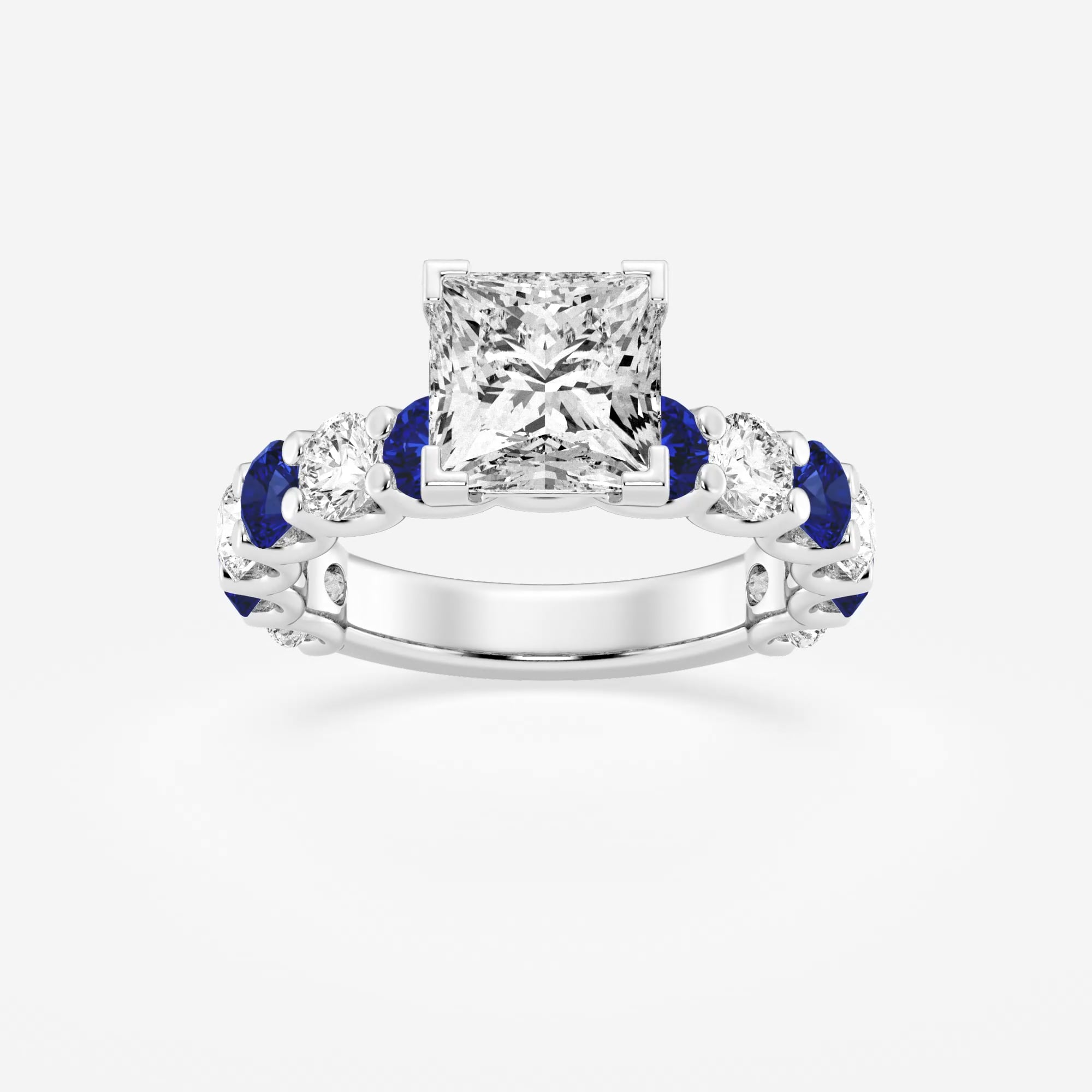 product video for 3 1/2 ctw Princess Lab Grown Diamond and 3.5mm Round Created Sapphire Side Stone Engagement Ring