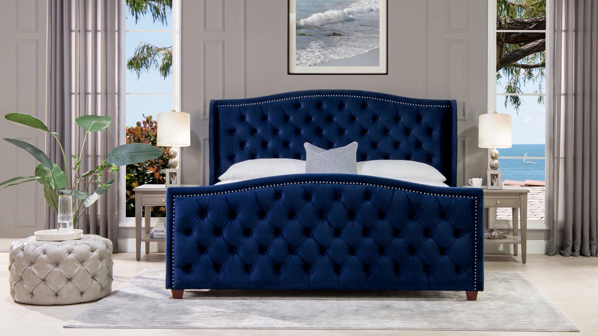 Marcella Upholstered Tufted Shelter Wingback Panel Bed, Dark Sapphire Blue Polyester, King