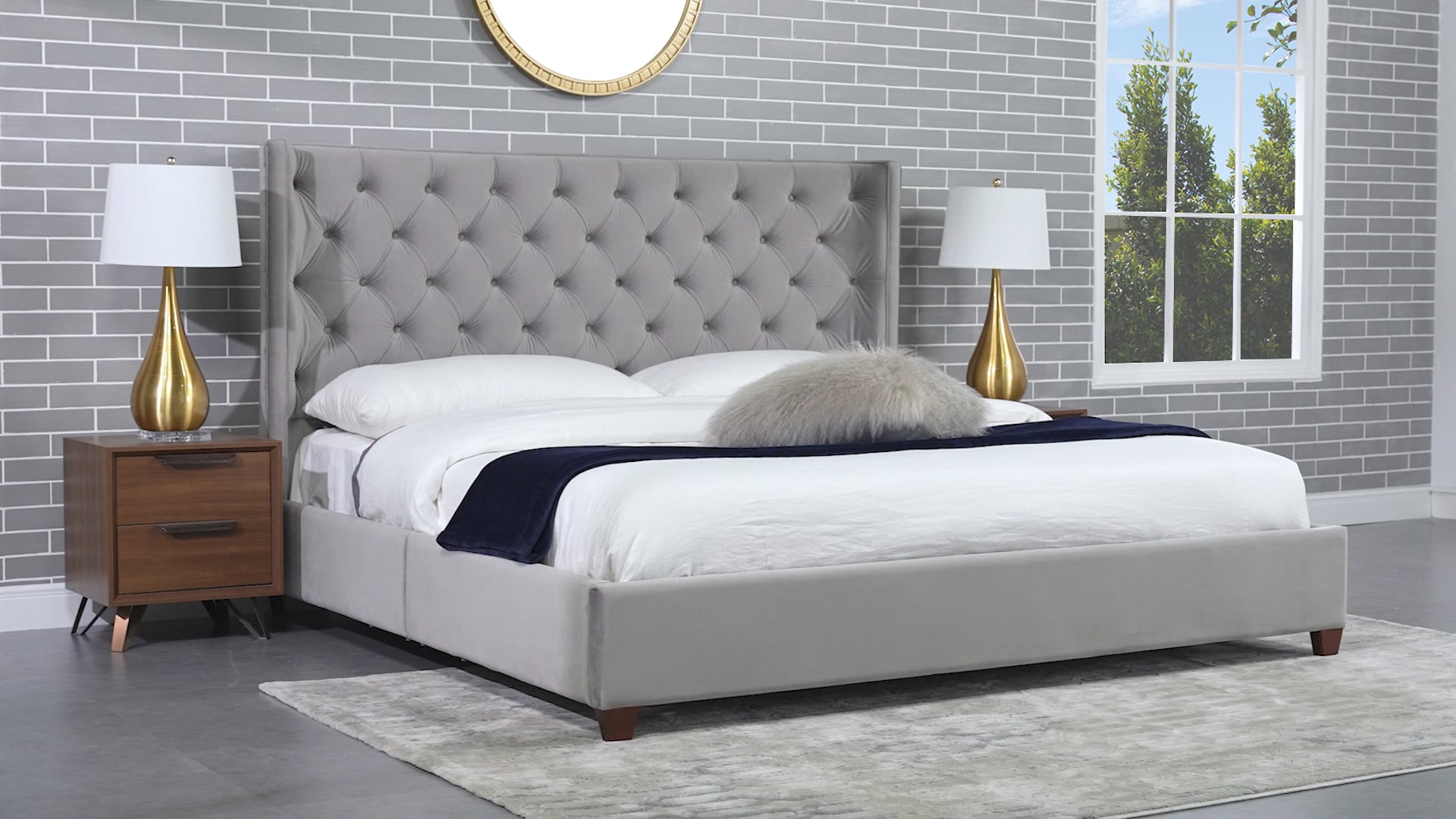 Manhattan Shelter King Platform Bed Frame, Opal Gray Velvet