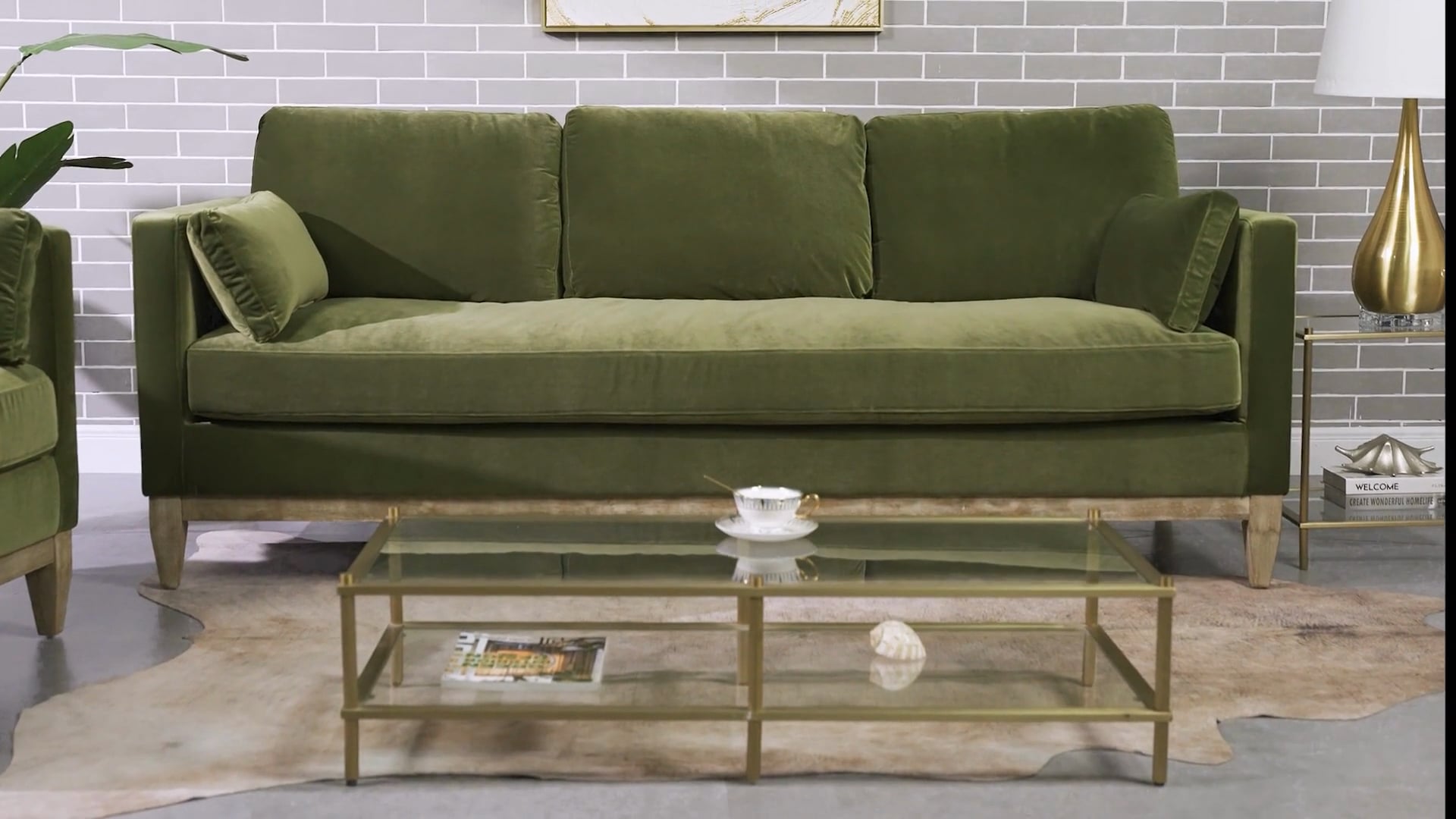 Knox Modern Farmhouse Sofa and Arm Chair Set, Olive Green Performance Velvet