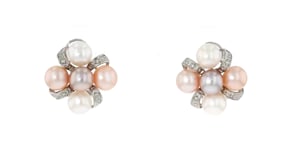 7-7.5mm Multicolored Cultured Pearl Earrings with Diamonds in Sterling Silver