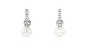 8-8.5mm Cultured Pearl and .50 ct. t.w. CZ Huggie Hoop Drop Earrings in Sterling Silver