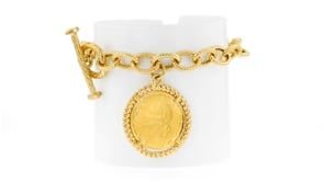 Italian 18kt Gold Over Sterling Replica Lira Coin and Oval-Link Toggle Bracelet