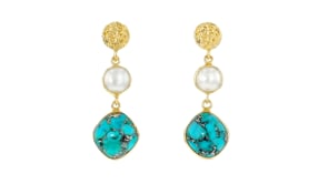 Turquoise and 7mm Cultured Pearl Drop Earrings in 18kt Gold Over Sterling