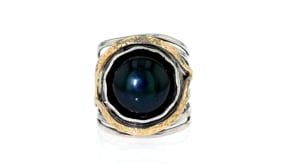 11.5-12mm Black Cultured Pearl Openwork Ring in Sterling Silver and 14kt Yellow Gold