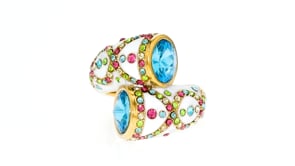 Multicolored Crystal and Blue Swarovski Crystal Ring with White Enamel in 18kt Gold Over Sterling
