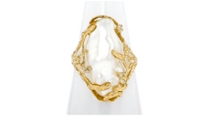 10x24mm Cultured Biwa Baroque Pearl Ring with Diamond Accents in 14kt Yellow Gold
