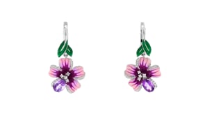 Amethyst and White Topaz Flower Drop Earrings with Multicolored Enamel in Sterling Silver