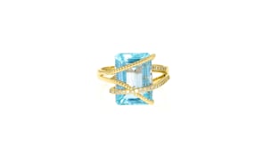 9.25 Carat Blue Topaz and .15 ct. t.w. Diamond Crisscross Ring in 14kt Yellow Gold