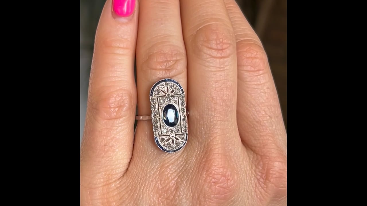Vintage Filigree Cocktail Ring Art Deco Sapphire in Platinum