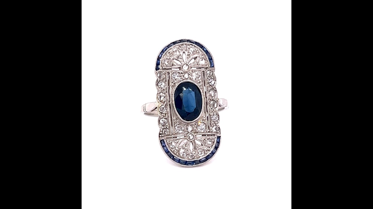 Vintage Filigree Cocktail Ring Art Deco Sapphire in Platinum