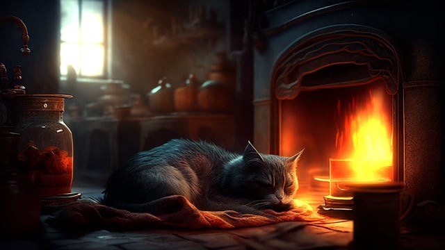 Cat, Fireplace, Animal, Pet, Comfort
