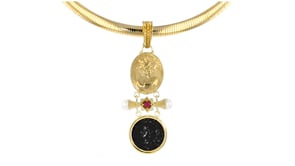 Italian Tagliamonte Carved Black Onyx and .30 Carat Ruby Pendant with Cultured Pearls in 18kt Gold Over Sterling