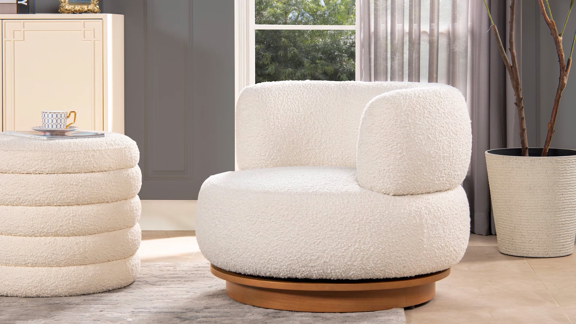 Fuji 360 Swivel Bouclé Low Barrel Back Accent Chair, Ivory White - Transitional - Armchairs And ...