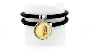 Italian Genuine 20-Lira Coin Charm and Black Leather Bracelet with Sterling Silver