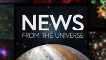 Title motif. In the center is white on-screen text reading “News from the Universe.” The text is against a dark background and placed just above a partial hemisphere of a planet resembling Jupiter. The planet has clouds and bands of orange and white. Several blurred astronomical images create a border along the left, right, and top edges of the frame.