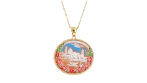 Italian Brown Shell Cameo San Marco Square Pendant Necklace with Multicolored Enamel in 18kt Gold Over Sterling