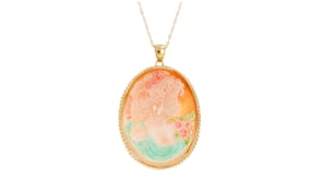 Italian Brown Shell Cameo Portrait Pendant Necklace with Multicolored Enamel in 18kt Gold Over Sterling
