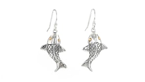 Sterling Silver Bali-Style Koi Fish Drop Earrings with 18kt Yellow Gold