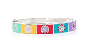 Multicolored Enamel Floral Patchwork Bangle Bracelet in Sterling Silver