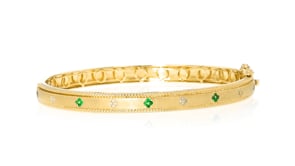 10 ct. t.w. Emerald Flower Bangle Bracelet with Diamond Accents in 18kt Gold Over Sterling