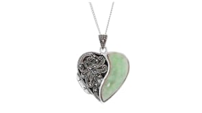 Jade and Marcasite Heart Locket Pendant Necklace in Sterling Silver