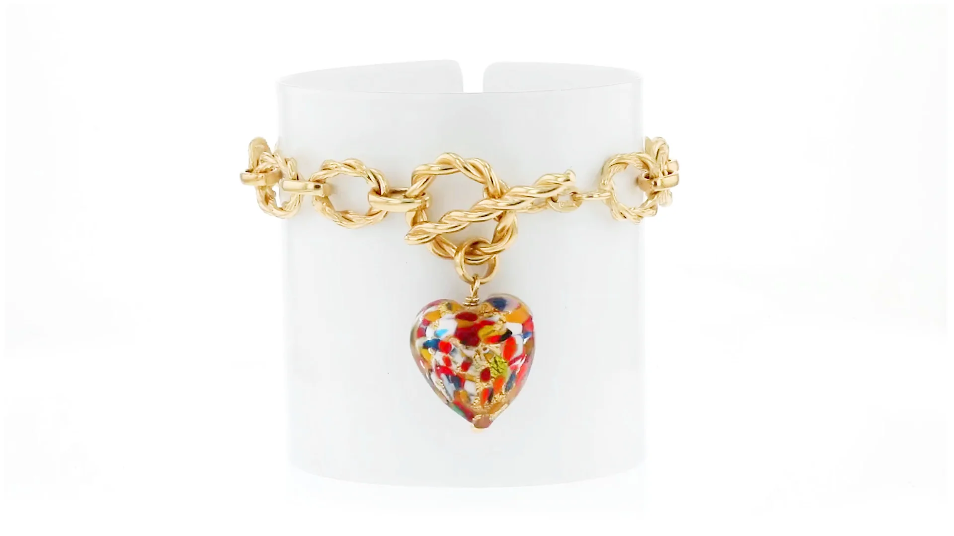 Italian Multicolored Murano Glass Heart Charm Toggle Bracelet in