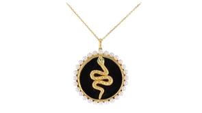 Tsavorite-Accented Snake and 3mm Cultured Pearl Halo Pendant Necklace in 18kt Gold Over Sterling