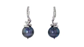 10-11mm Black Cultured Pearl and .10 ct. t.w. Diamond Drop Earrings in Sterling Silver