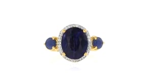 4.70 ct. t.w. Sapphire Three-Stone Ring with .13 ct. t.w. Diamonds in 18kt Gold Over Sterling