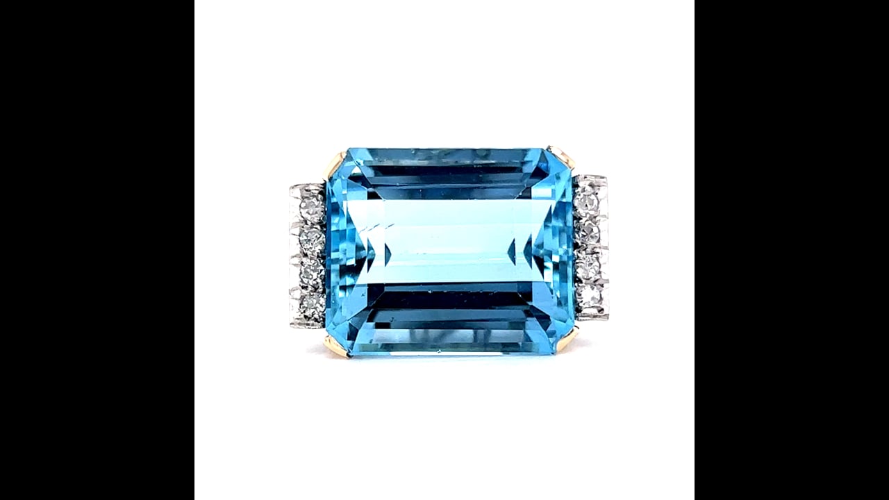 Art Deco Aquamarine Cocktail Ring w/ Diamonds in Platinum & 14k