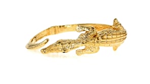 Italian 18kt Gold Over Sterling Silver Alligator Bypass Bangle Bracelet with Emeralds. 7.5