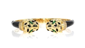 White Zircon and Green Chrome Diopside Panther Bangle Bracelet in 18k Gold Over Sterling with Enamel