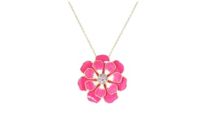 Pink and White Enamel Flower Pendant Necklace with .20 ct