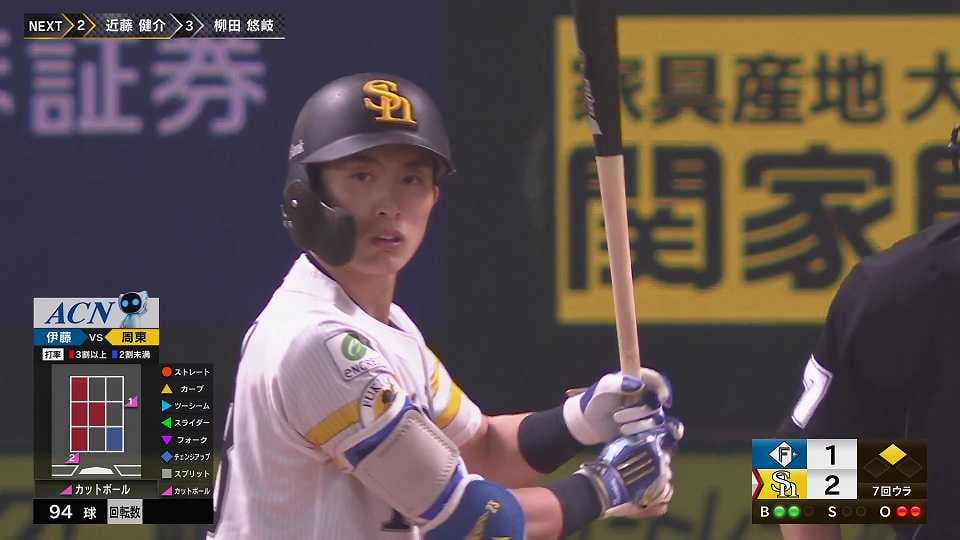 【7回裏】ホークス・周東佑京 レフトへのタイムリー2ベースヒットで点差を広げる!!  2023年4月12日 福岡ソフトバンクホークス 対 北海道日本ハムファイターズ