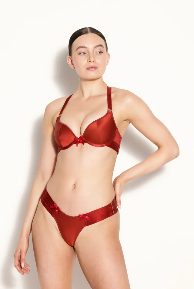 Bordelle Signature Wired Silk Satin Classic Push-Up Bra Adjustable Back  Burnt Red