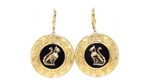 Black Onyx Cat Hieroglyphic Medallion Drop Earrings in 18kt Gold Over Sterling