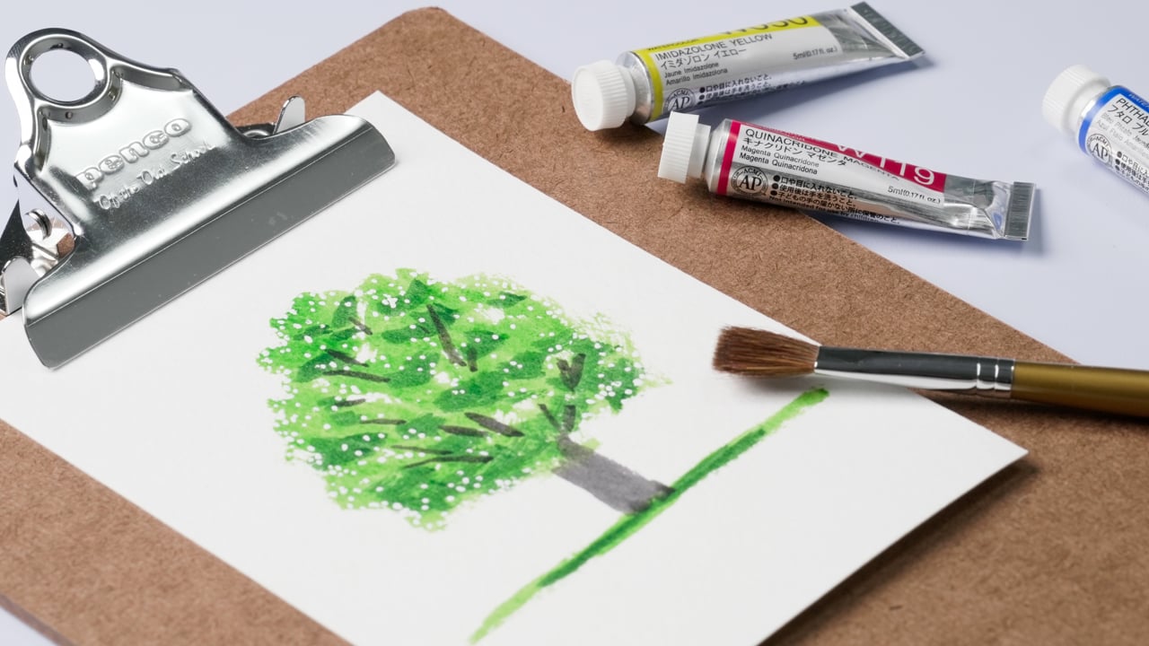三色の絵の具で生み出す、豊かな樹木の水彩画