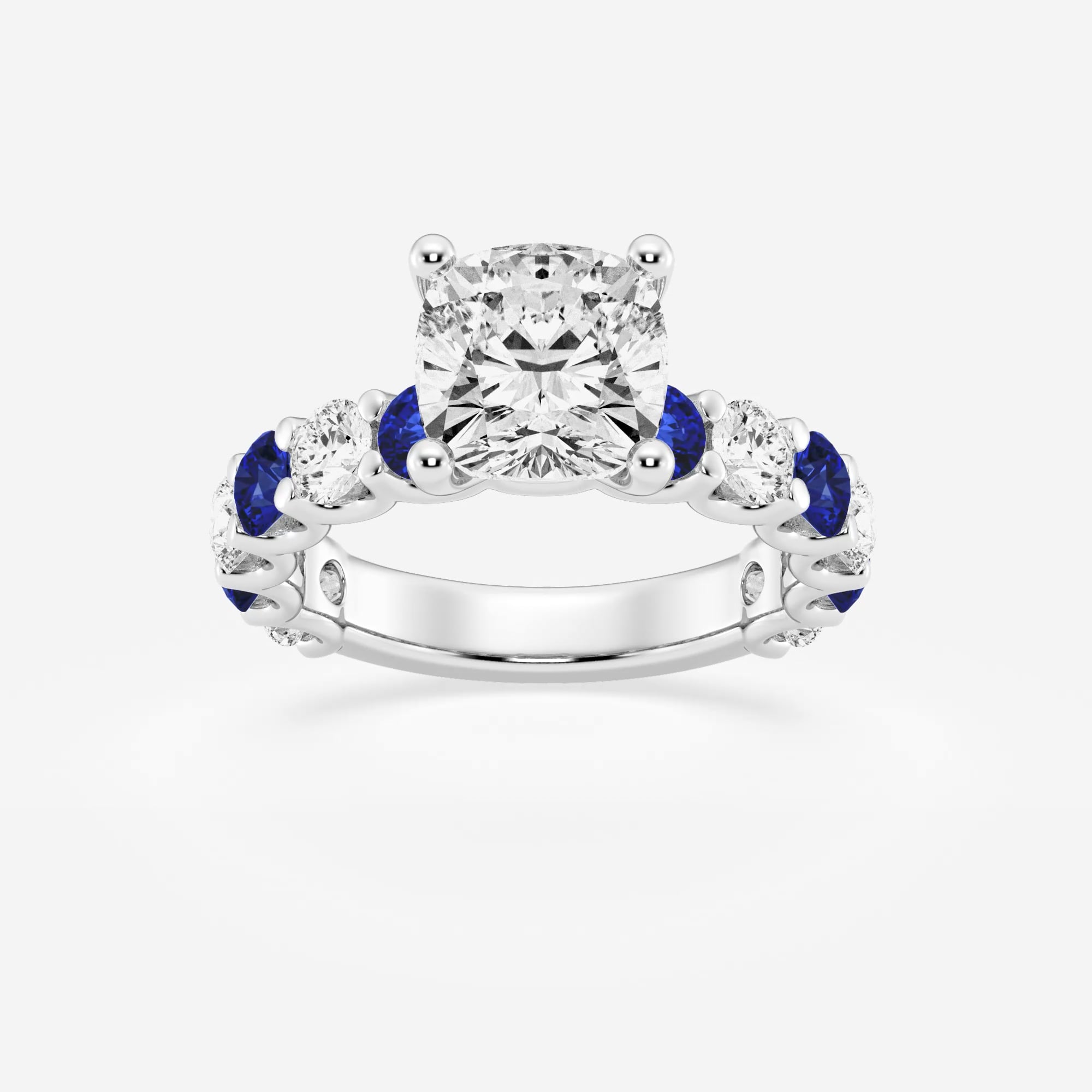 product video for 3 1/2 ctw Cushion Lab Grown Diamond and 3.5mm Round Created Sapphire Side Stone Engagement Ring
