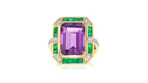 7.00 Carat Amethyst, .80 ct. t.w. Emerald and .19 ct. t.w. Diamond Ring in 14kt Yellow Gold
