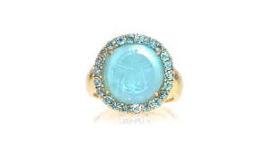 Italian Tagliamonte Mother-of-Pearl and Blue Venetian Glass Doublet Ring with .80 ct. t.w. Sky Blue Topaz in 18kt Gold Over Ster