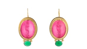 Italian Pink Venetian Glass Cupid Drop Earrings with Green Agate in 18kt Gold Over Sterling