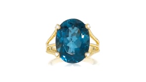 13.00 Carat London Blue Topaz Ring with Diamond Accents in 18kt Gold Over Sterling