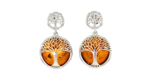 Amber Tree of Life Drop Earrings in Sterling Silver