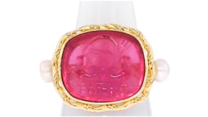 Italian Tagliamonte Pink Venetian Glass and 5.5-6mm Cultured Pearl Poseidon Ring in 18kt Gold Over Sterling