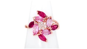 2.00 ct. t.w. Pink Sapphire and 1.60 ct. t.w. Ruby Flower Ring with .14 ct. t.w. Diamonds in 14kt Rose Gold