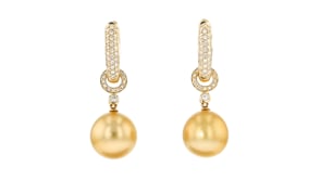 12-13mm Golden Cultured South Sea Pearl and .53 ct. t.w. Diamond Hoop Drop Earrings in 18kt Yellow Gold