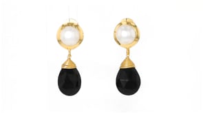 7.5-8mm Cultured Pearl and Black Onyx Drop Earrings in 18kt Gold Over Sterling