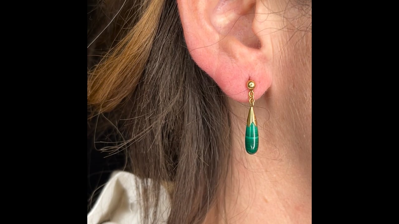Mid-Century Malachite Drop Earrings 14k Yellow Gold – Filigree
